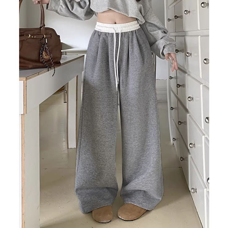 モクグレー | 配色ウエスト ワイドイージーパンツ ボトムス | kirakiraShop 