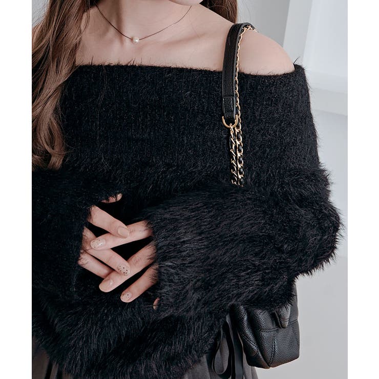 シャギーオフショルダーリボンニットトップス トップス ニット | kirakiraShop  | 詳細画像6 