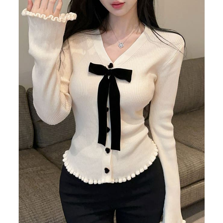 オフホワイト | リボン付きVネックリブニットカーディガン トップス ニット | kirakiraShop 