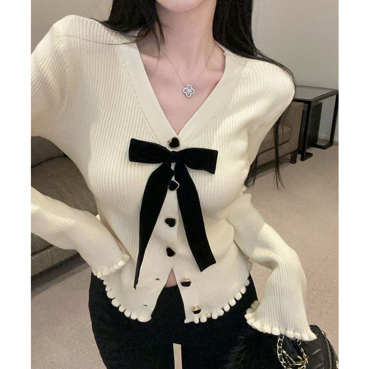 リボン付きVネックリブニットカーディガン トップス ニット | kirakiraShop  | 詳細画像13 