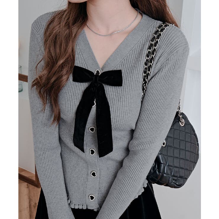 リボン付きVネックリブニットカーディガン トップス ニット | kirakiraShop  | 詳細画像19 