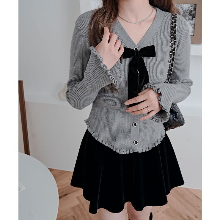 リボン付きVネックリブニットカーディガン トップス ニット | kirakiraShop  | 詳細画像23 