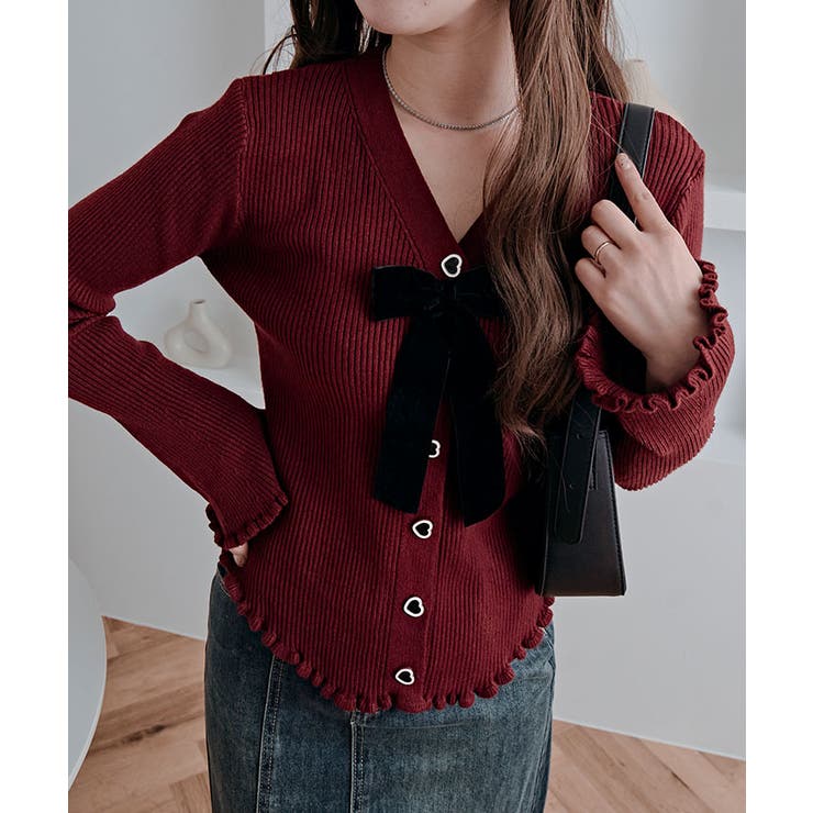 リボン付きVネックリブニットカーディガン トップス ニット | kirakiraShop  | 詳細画像27 