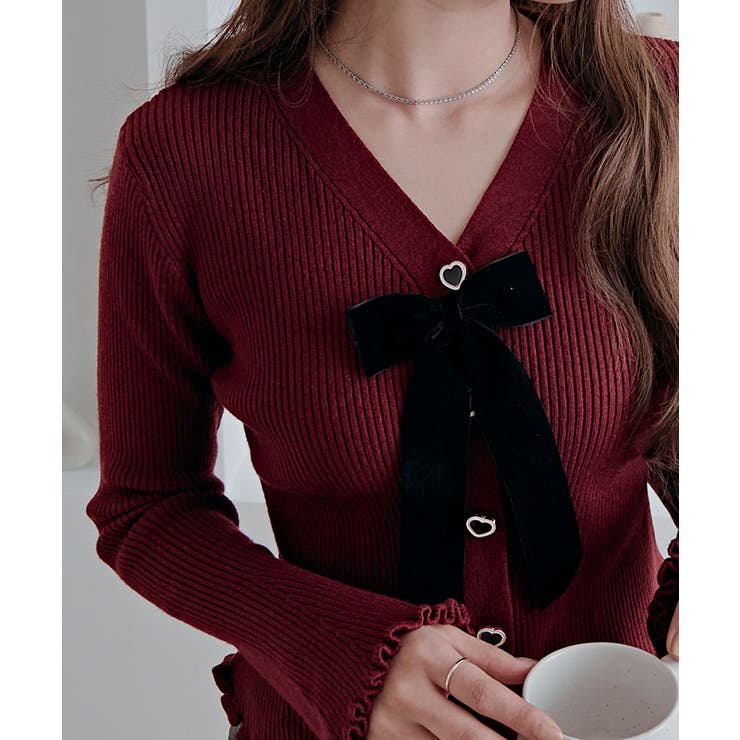 リボン付きVネックリブニットカーディガン トップス ニット | kirakiraShop  | 詳細画像28 