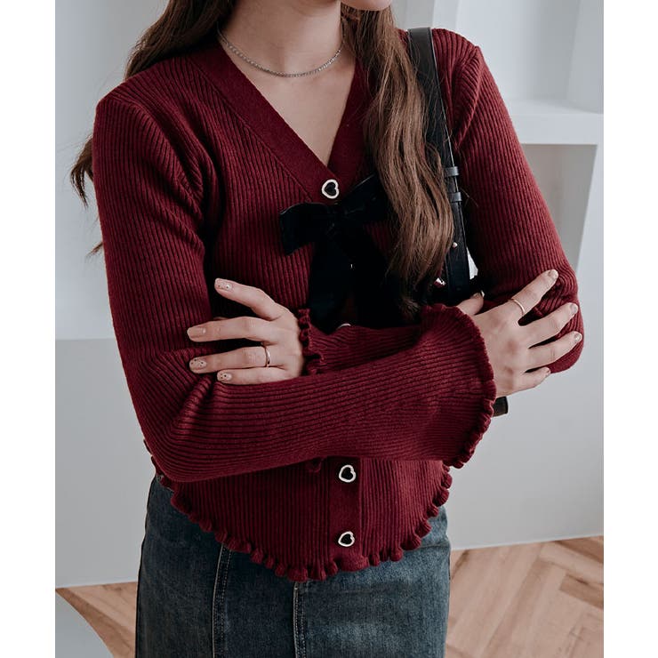 リボン付きVネックリブニットカーディガン トップス ニット | kirakiraShop  | 詳細画像30 