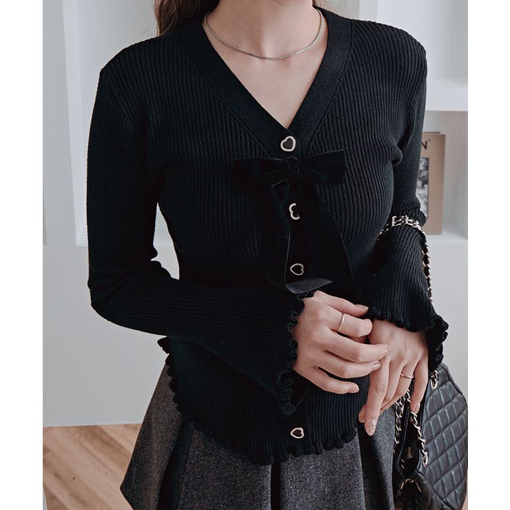 リボン付きVネックリブニットカーディガン トップス ニット | kirakiraShop  | 詳細画像9 