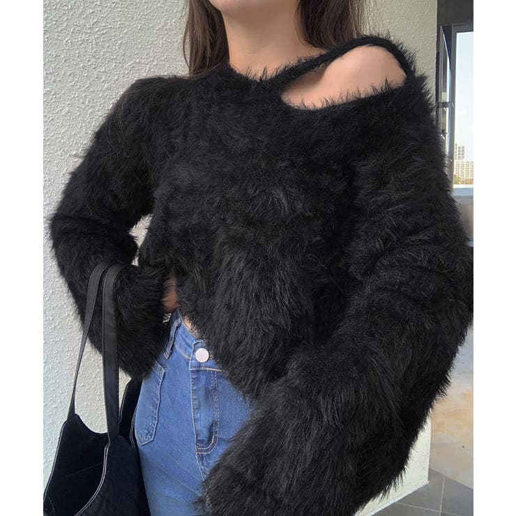 ブラック | シャギーVネッククロップドニットトップス トップス ニット | kirakiraShop 