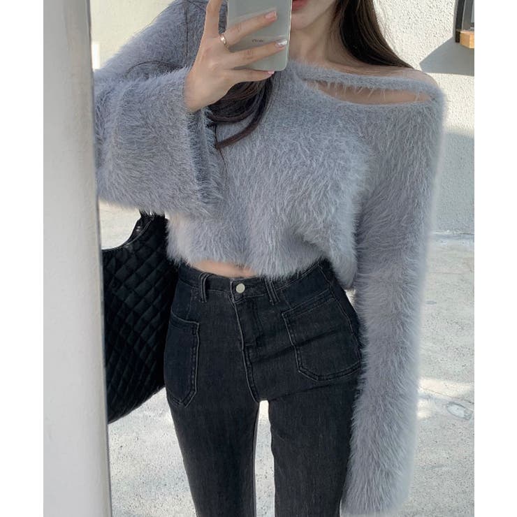 グレー | シャギーVネッククロップドニットトップス トップス ニット | kirakiraShop 