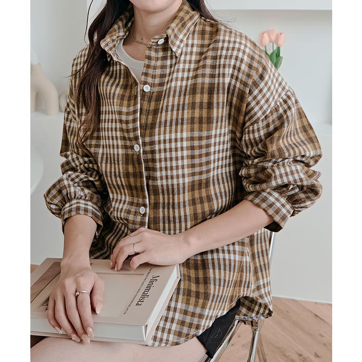 ブラウン | チェック柄ベーシックシャツ トップス シャツ | kirakiraShop 