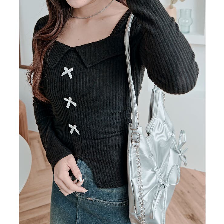 リボン襟リブカットソートップス トップス カットソー | kirakiraShop  | 詳細画像4 