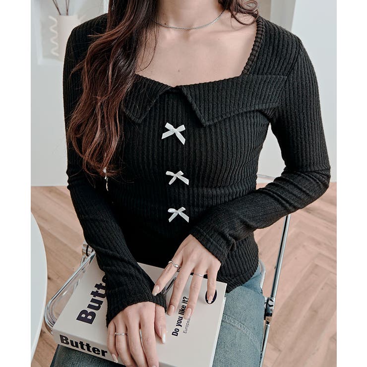 リボン襟リブカットソートップス トップス カットソー | kirakiraShop  | 詳細画像5 