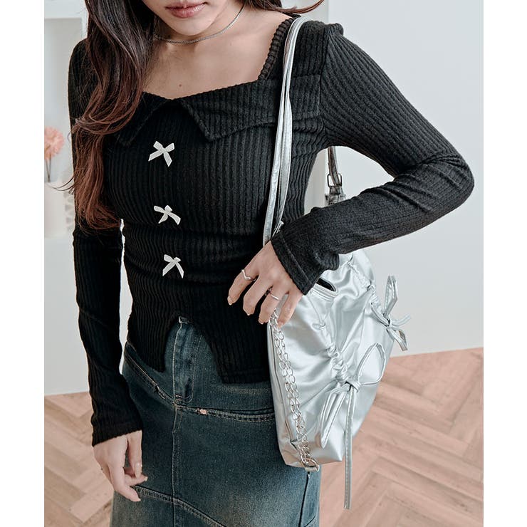 リボン襟リブカットソートップス トップス カットソー | kirakiraShop  | 詳細画像7 