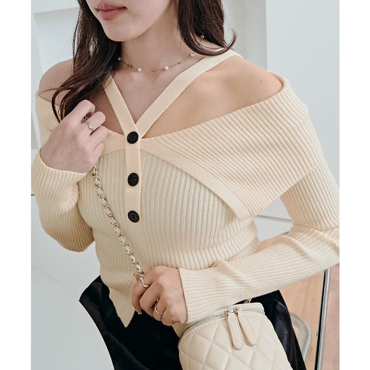 クリーム | オフショルレイヤードリブニットトップス トップス ニット | kirakiraShop 