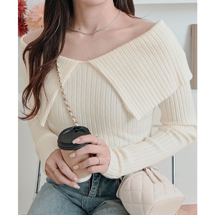 ホワイト | ビッグカラーリブニットトップス トップス ニット | kirakiraShop 