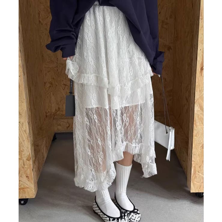ホワイト | レースティアードアシンメトリースカート スカート レーススカート | kirakiraShop 