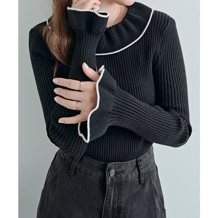 ブラック | 配色パイピングリブフレアスリーブニットトップス トップス ニット | kirakiraShop 