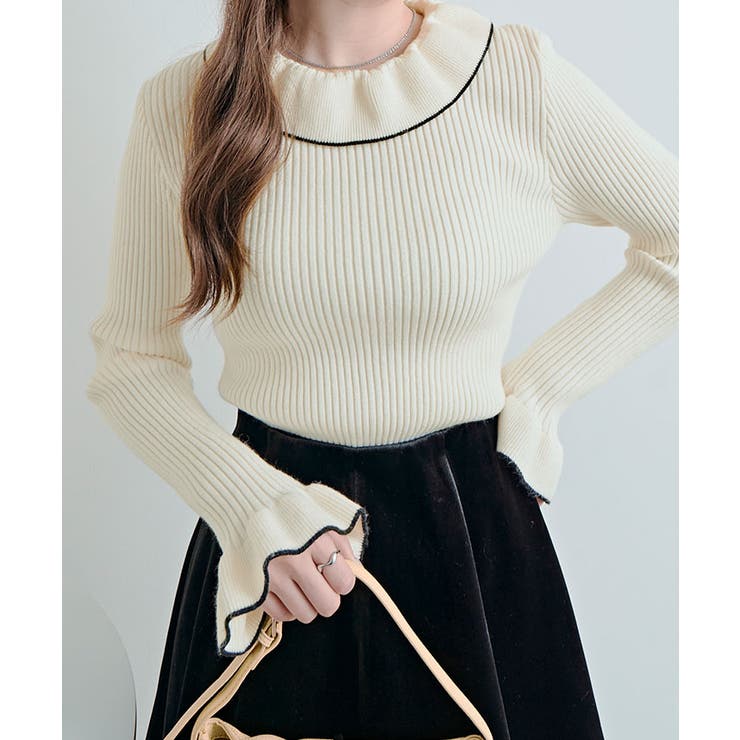 配色パイピングリブフレアスリーブニットトップス トップス ニット | kirakiraShop  | 詳細画像14 