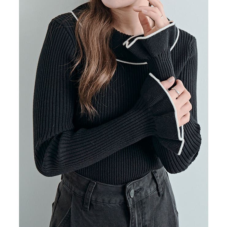 配色パイピングリブフレアスリーブニットトップス トップス ニット | kirakiraShop  | 詳細画像3 