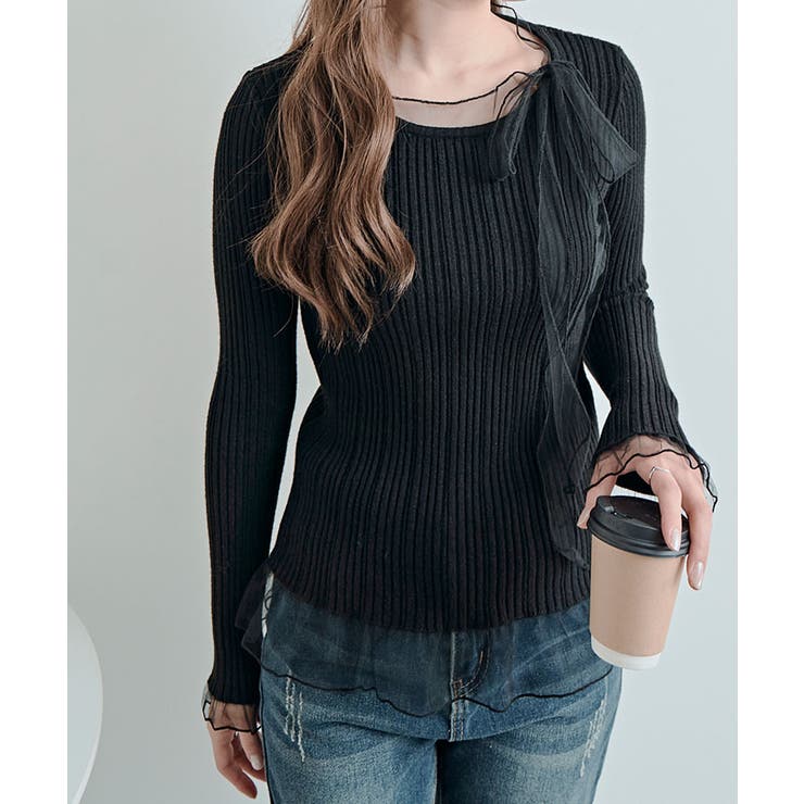 チュールリボンリブフレアスリーブニットトップス トップス ニット | kirakiraShop  | 詳細画像4 