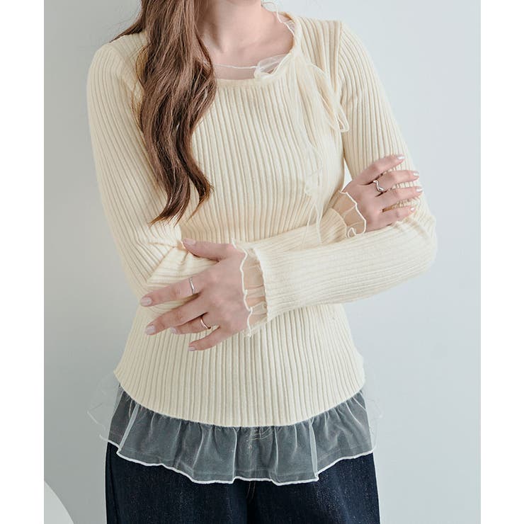 チュールリボンリブフレアスリーブニットトップス トップス ニット | kirakiraShop  | 詳細画像13 