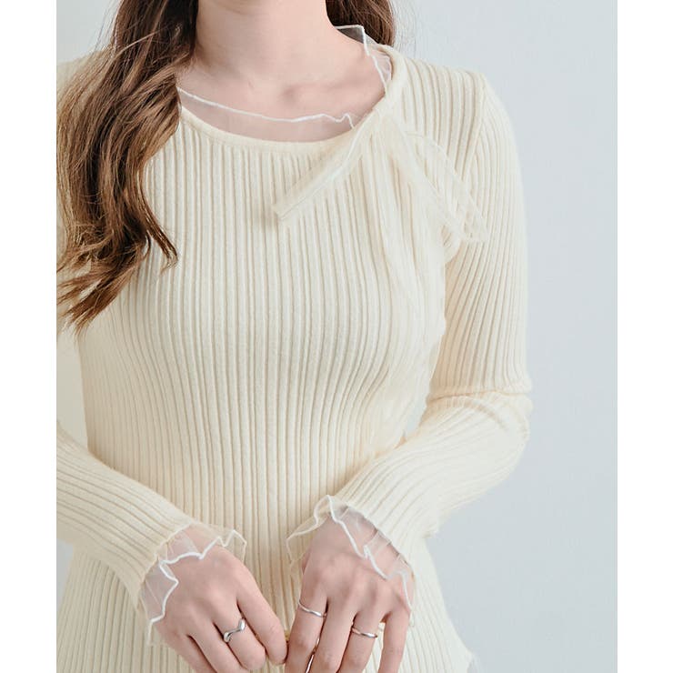 チュールリボンリブフレアスリーブニットトップス トップス ニット | kirakiraShop  | 詳細画像15 