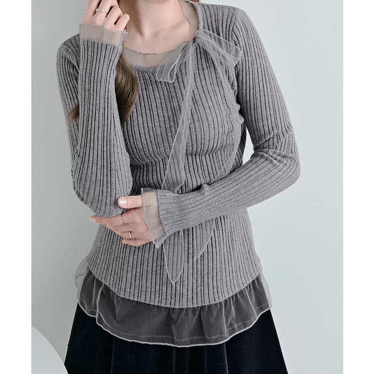 チュールリボンリブフレアスリーブニットトップス トップス ニット | kirakiraShop  | 詳細画像29 
