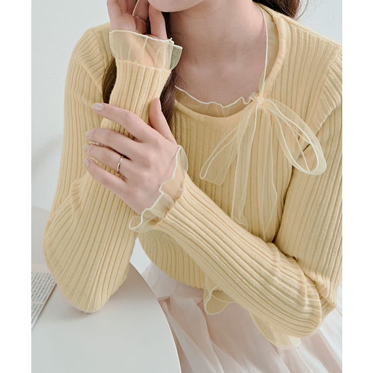 チュールリボンリブフレアスリーブニットトップス トップス ニット | kirakiraShop  | 詳細画像34 