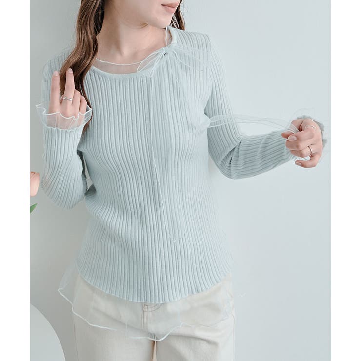 チュールリボンリブフレアスリーブニットトップス トップス ニット | kirakiraShop  | 詳細画像45 