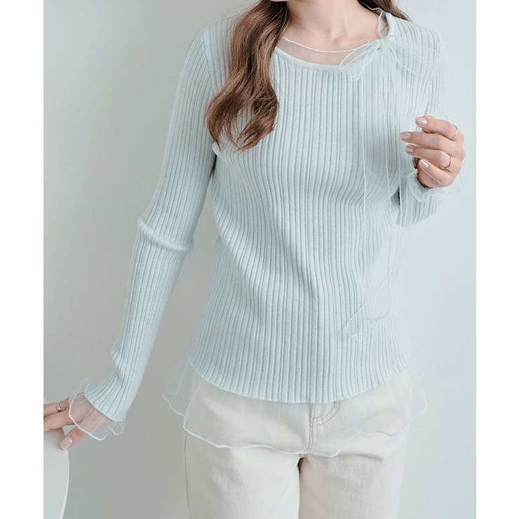 チュールリボンリブフレアスリーブニットトップス トップス ニット | kirakiraShop  | 詳細画像48 