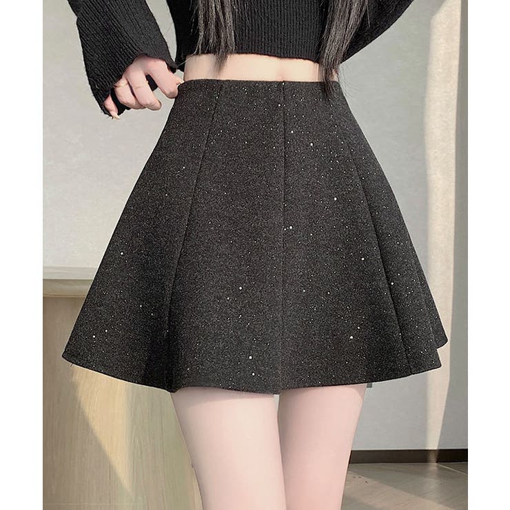 ブラック | ラメ混ウールライクフレアミニスカート ボトムス スカート | kirakiraShop 
