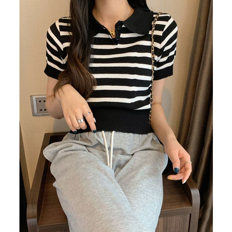 襟付きボーダーサマーニット ニットトップス サマーニット[品番