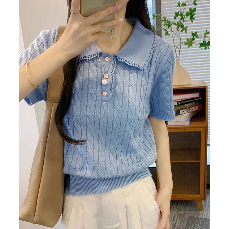 襟レース半袖ケーブルニット ニットトップス ケーブルニット | kirakiraShop  | 詳細画像20 