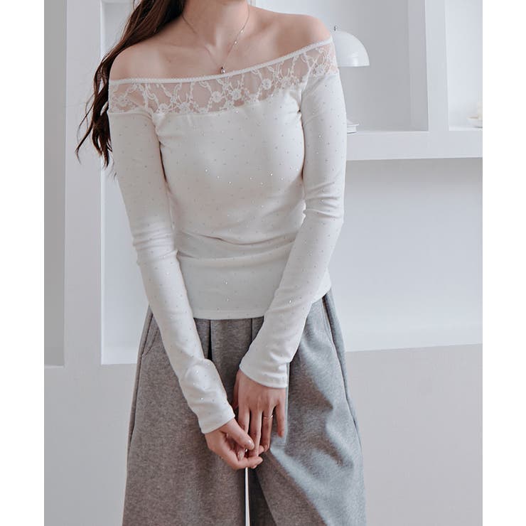 レースネックラインストーンカットソートップス トップス カットソー | kirakiraShop  | 詳細画像15 