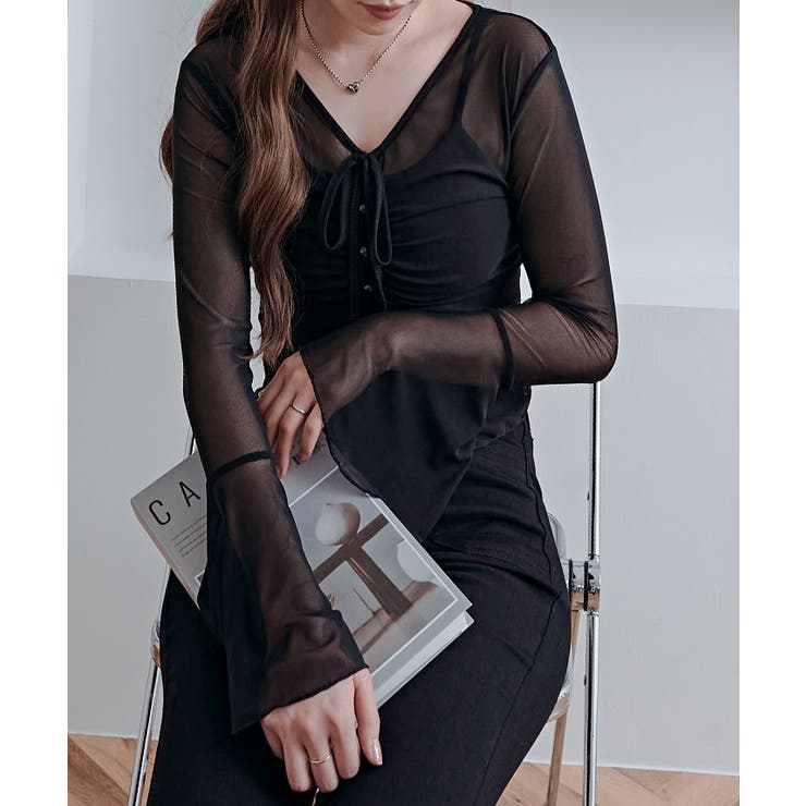 インナーキャミソール付きシアーシャーリングリボントップス トップス シアートップ… | kirakiraShop  | 詳細画像2 