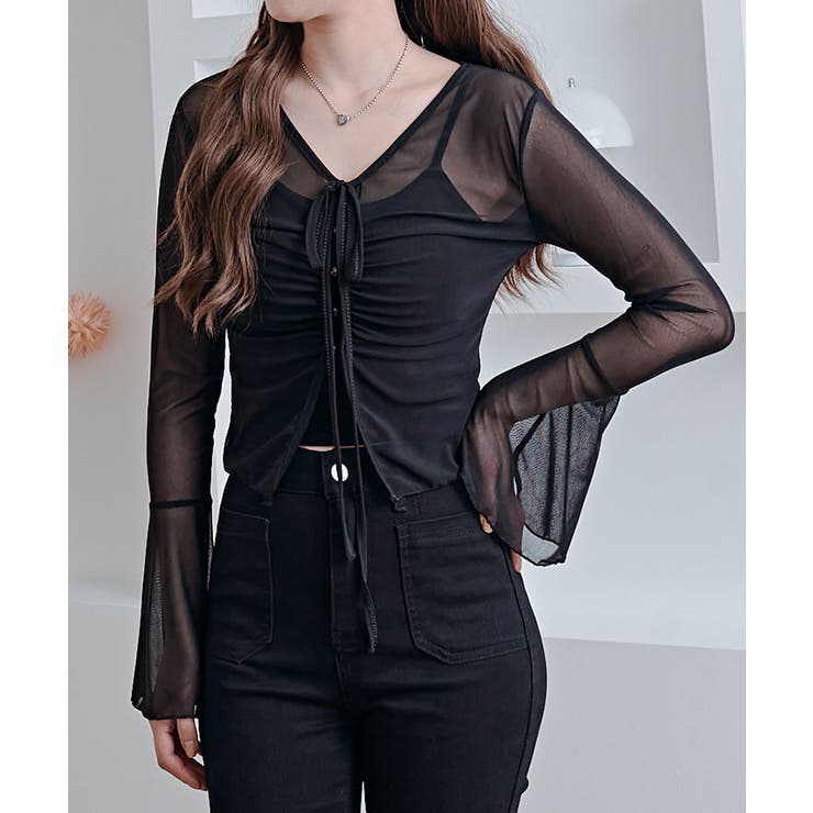 インナーキャミソール付きシアーシャーリングリボントップス トップス シアートップ… | kirakiraShop  | 詳細画像5 