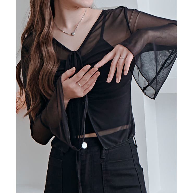 インナーキャミソール付きシアーシャーリングリボントップス トップス シアートップ… | kirakiraShop  | 詳細画像6 