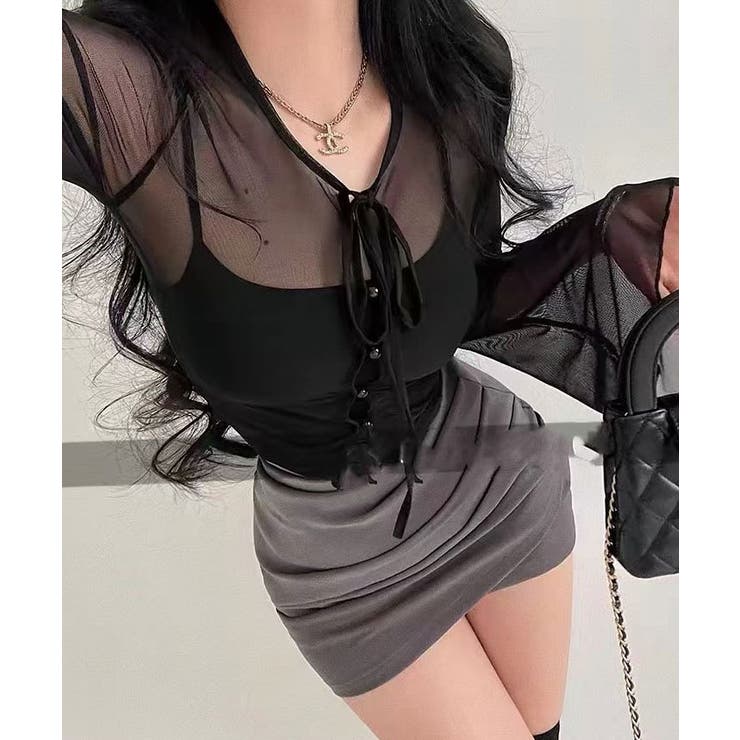 インナーキャミソール付きシアーシャーリングリボントップス トップス シアートップ… | kirakiraShop  | 詳細画像7 