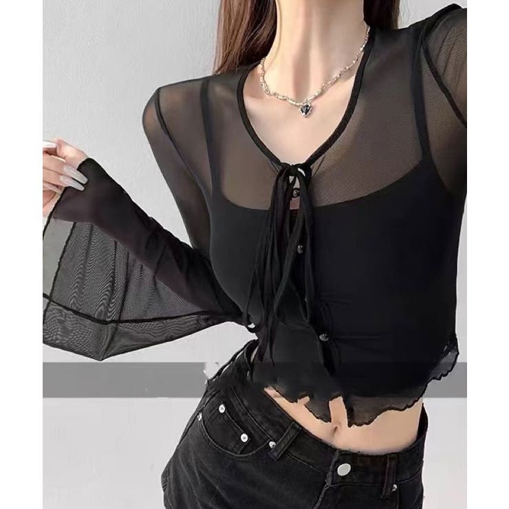 インナーキャミソール付きシアーシャーリングリボントップス トップス シアートップ… | kirakiraShop  | 詳細画像8 