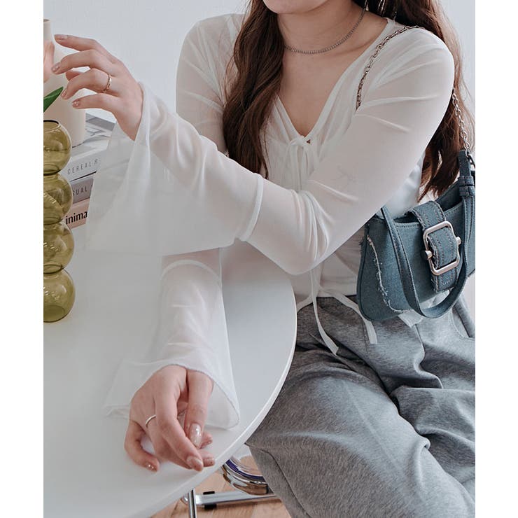 インナーキャミソール付きシアーシャーリングリボントップス トップス シアートップ… | kirakiraShop  | 詳細画像9 