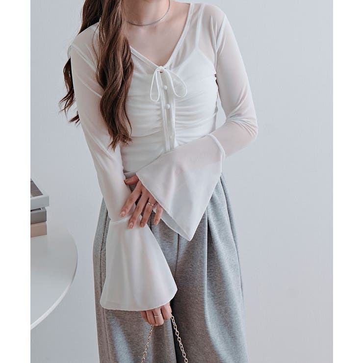 インナーキャミソール付きシアーシャーリングリボントップス トップス シアートップ… | kirakiraShop  | 詳細画像10 