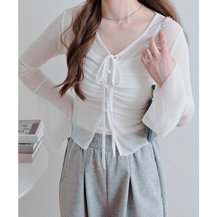 インナーキャミソール付きシアーシャーリングリボントップス トップス シアートップ… | kirakiraShop  | 詳細画像11 