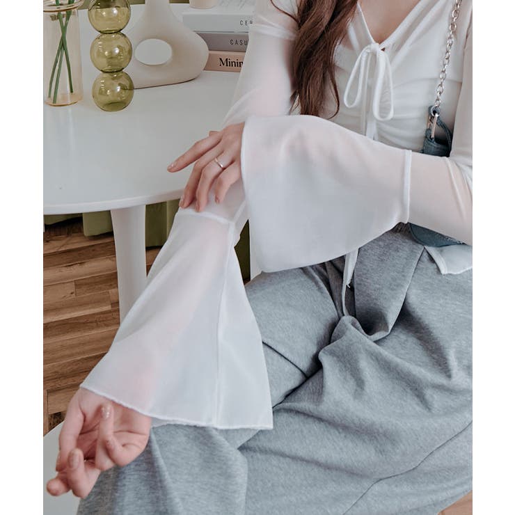 インナーキャミソール付きシアーシャーリングリボントップス トップス シアートップ… | kirakiraShop  | 詳細画像13 