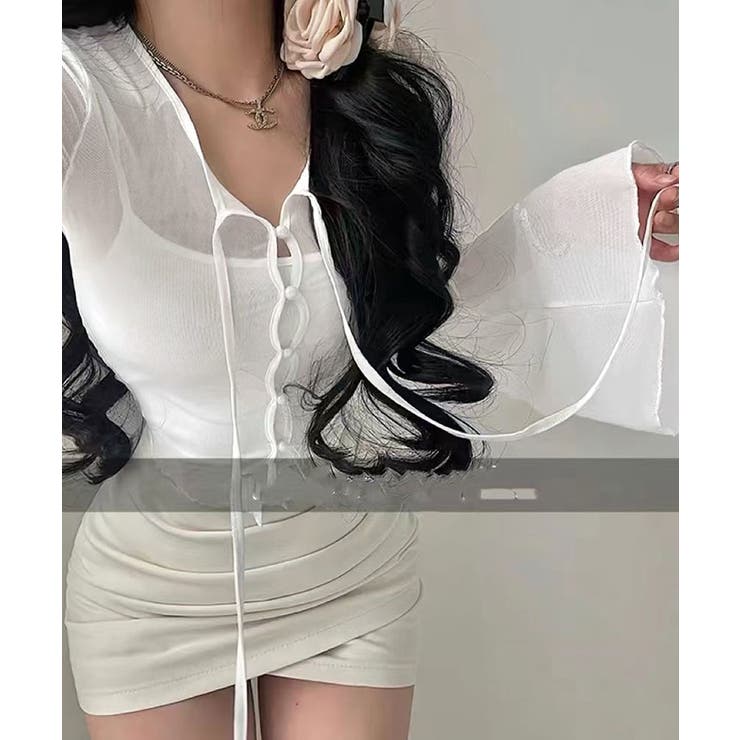 インナーキャミソール付きシアーシャーリングリボントップス トップス シアートップ… | kirakiraShop  | 詳細画像14 