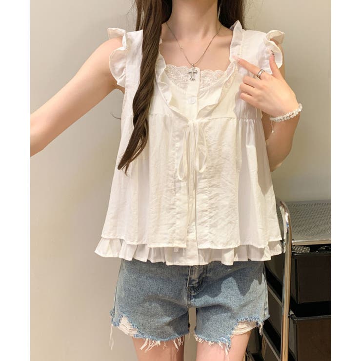 レイヤード風チェック柄フリルブラウス タンクブラウス フリルスリーブ | kirakiraShop  | 詳細画像15 