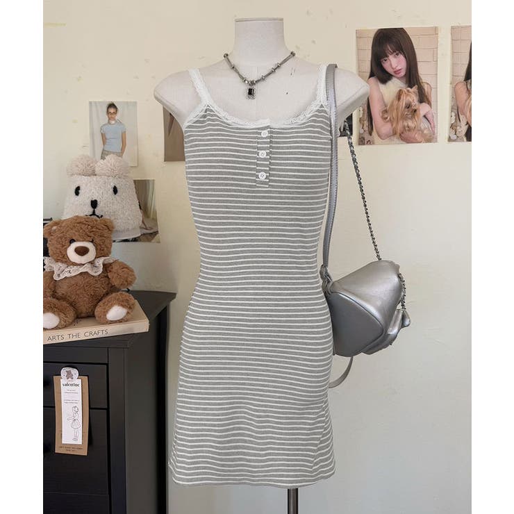 グレーストライプ | カップ付きリブキャミソールワンピース キャミワンピ ミニワンピ | kirakiraShop 