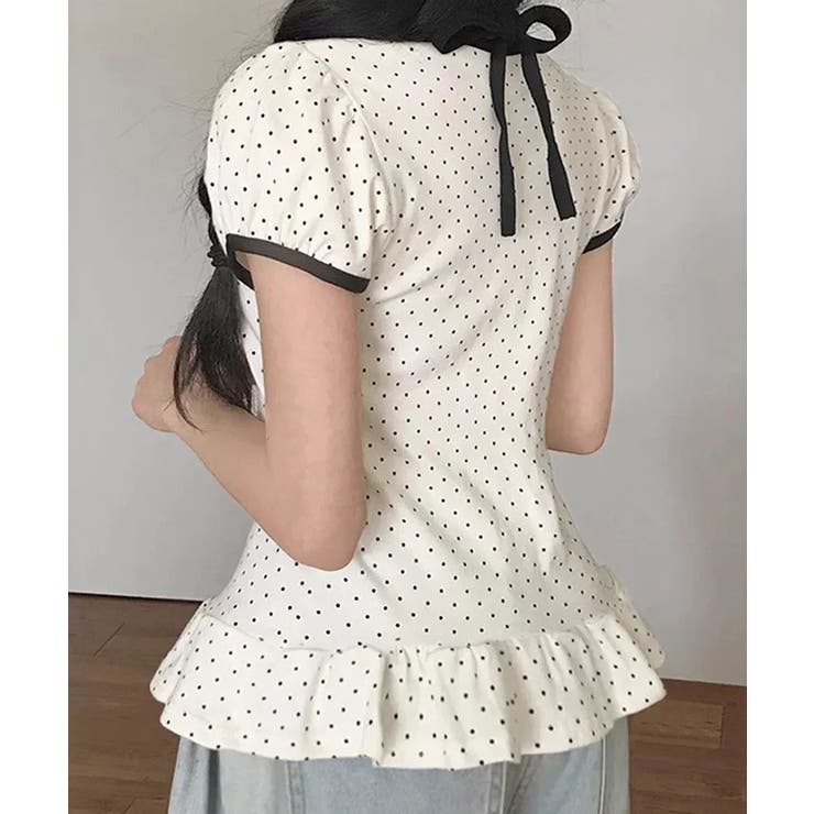 ドット柄×裾フリルペプラムトップス 半袖トップス カットソー | kirakiraShop  | 詳細画像8 