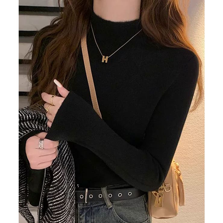 ブラック | 裏起毛ハイネックニット トップス ニット | kirakiraShop 