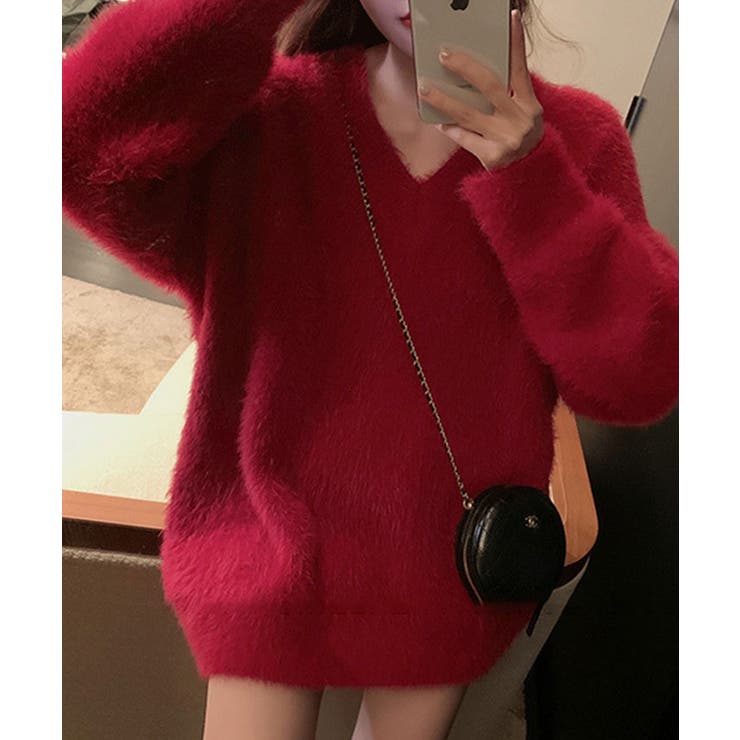 レッド | シャギーニットルーズVネックニット トップス ニット | kirakiraShop 