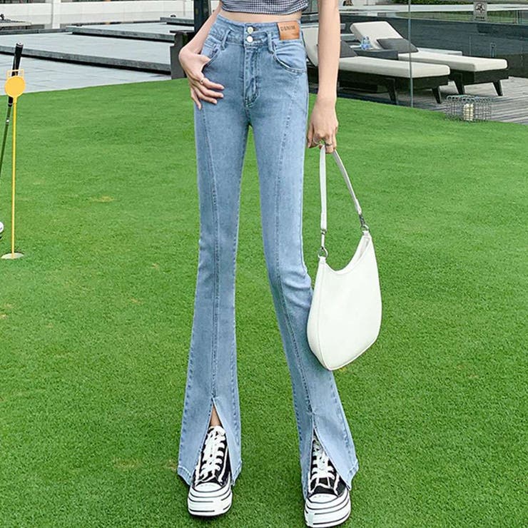 ライトブルー | 【SHOPLIST限定】美脚ストレッチスリットフレアデニム ボトムス デニムパン… | kirakiraShop 