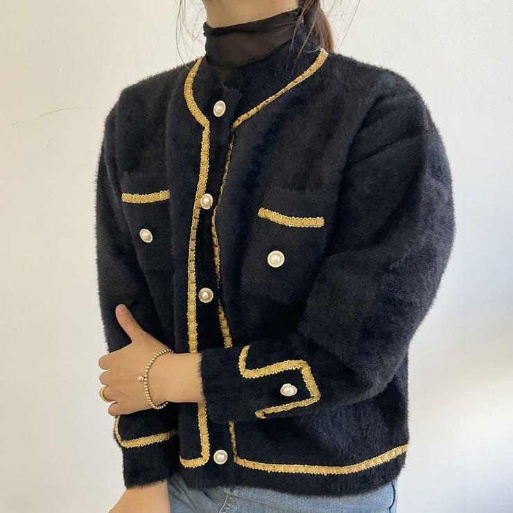 ブラック | エコレザーパイピングカーディガン トップス カーディガン | kirakiraShop 